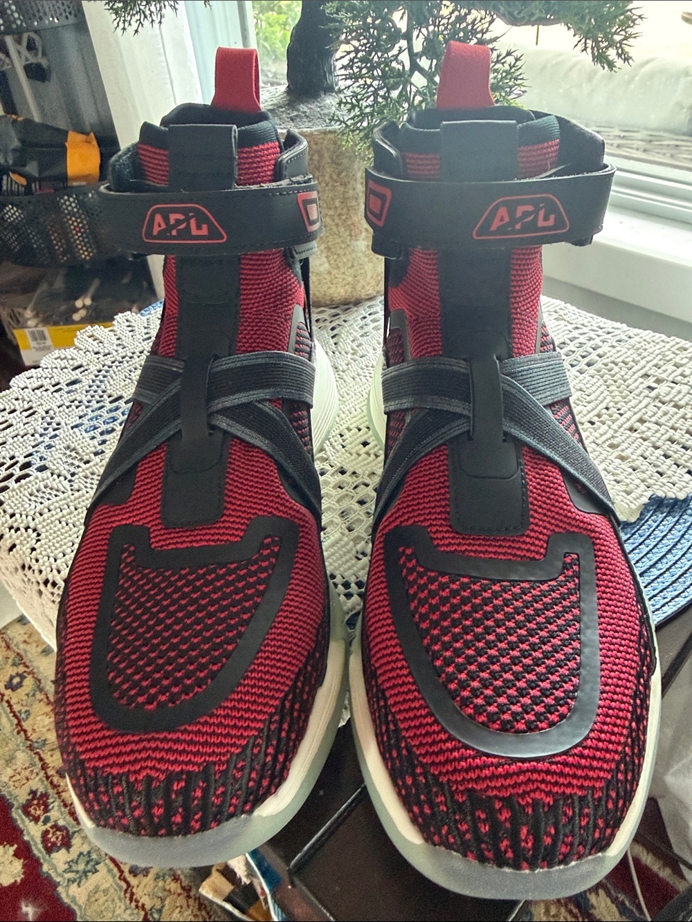 APL Red and Black Knit High-Top Sneakers with Strap—Unisex